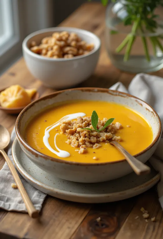 Kürbiscremesuppe mit Walnüssen serviert