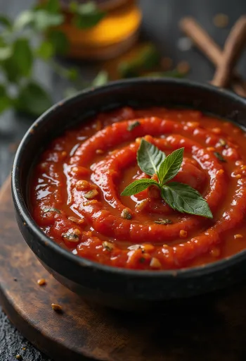 Pikante Tomatensauce serviert mit Pasta