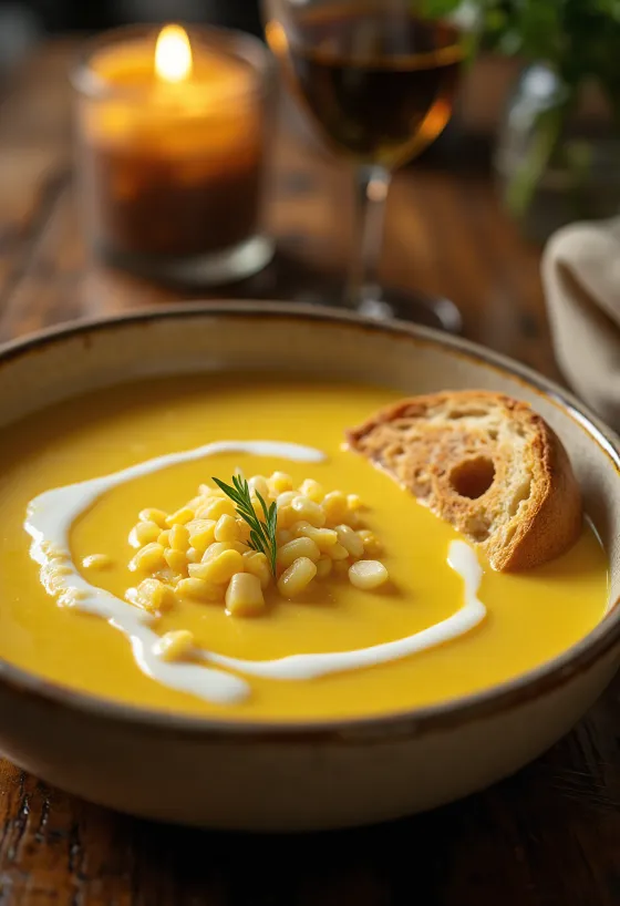 Cremige Maiscremesuppe, garniert mit frischer Petersilie, in weißer Schale serviert.