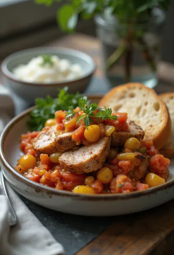 Saftiges Schnitzel in Letscho-Sauce aus Schweinefleisch mit frischer Paprika und Tomaten.