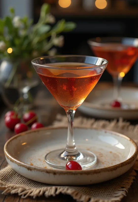 Manhattan Cocktail mit Cocktailkirsche und Orangenzeste