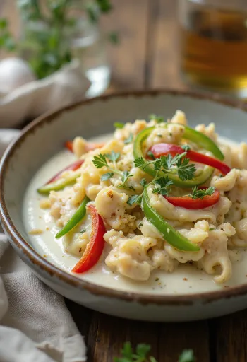 Paprika in Knoblauch-Rahm-Soße, serviert mit frischer Petersilie