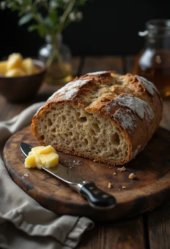 Rundes Sauerteig-Ruisleipä mit rustikaler Kruste, bemehlt, auf Holzuntergrund