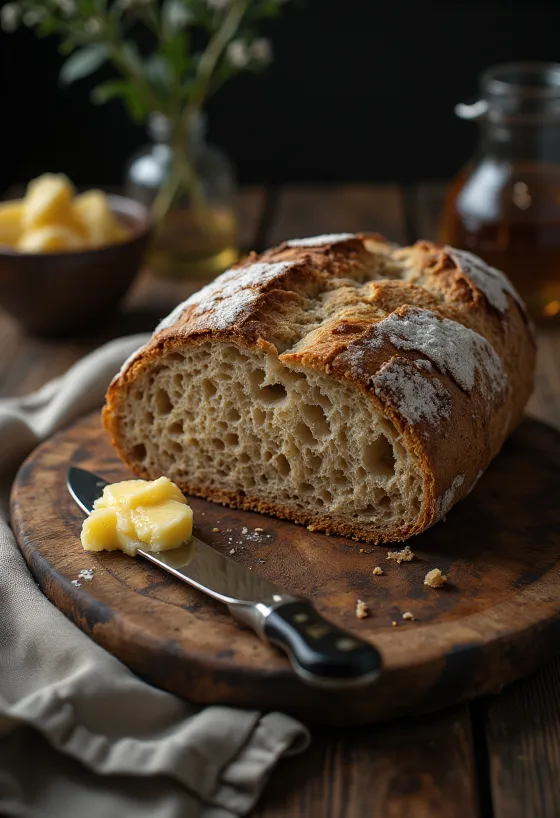 Rundes Sauerteig-Ruisleipä mit rustikaler Kruste, bemehlt, auf Holzuntergrund