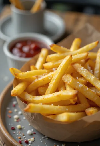 Goldbraun gebackene Pommes Frites, knusprig frittiert und mit frischen Kräutern bestreut.