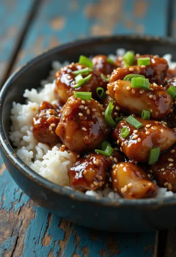 Teriyaki-Hähnchen mit Sesam und Frühlingszwiebeln serviert