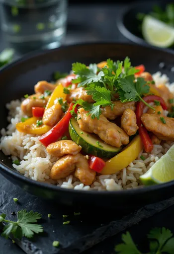 Thai-Hähnchen mit Gemüse-Reis serviert