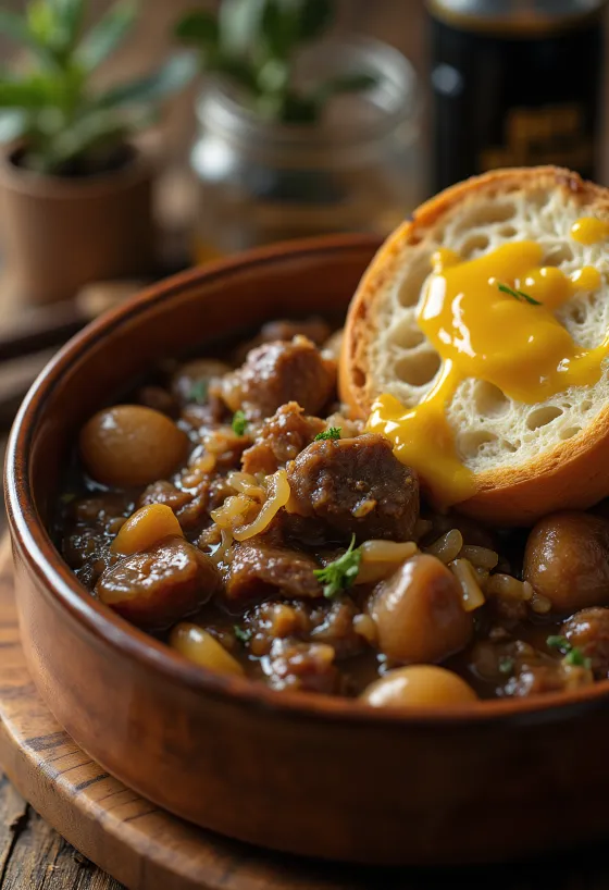 Carbonnade Flamande serviert mit Kartoffelpüree
