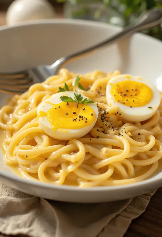 Cheesy Ramen serviert mit zähem Käse