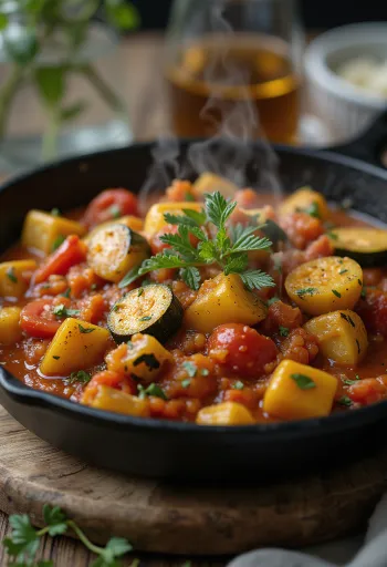 Zucchini-Letscho mit frischem Gemüse serviert