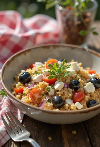 Farro-Salat mit Feta, Oliven und frischem Gemüse serviert