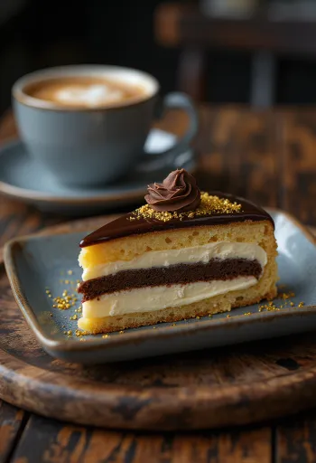 Französische Opera-Torte mit Schokoladen-Ganache-Schichten und Espresso-Aroma