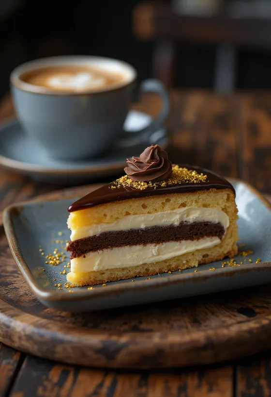 Französische Opera-Torte mit Schokoladen-Ganache-Schichten und Espresso-Aroma