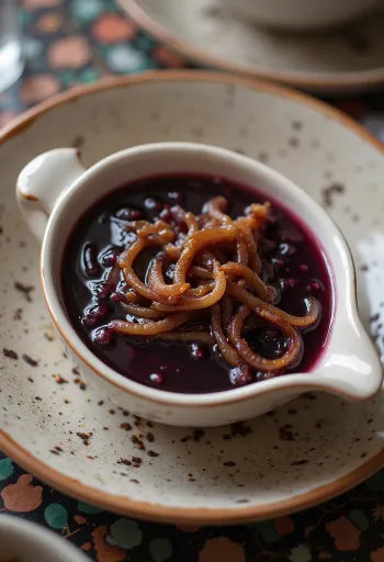 Würzige Rotwein-Zwiebel-Sauce serviert