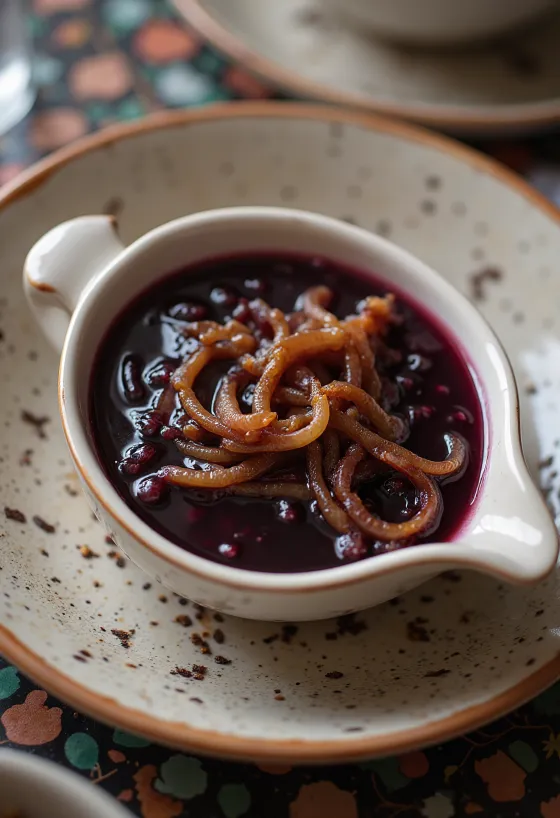 Würzige Rotwein-Zwiebel-Sauce serviert
