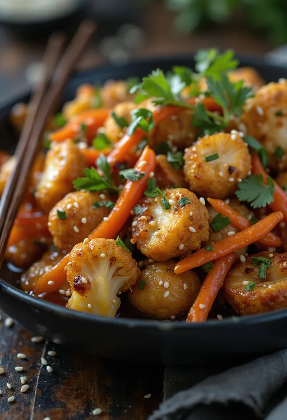 Blumenkohl-Wok mit Tofu und Knoblauch