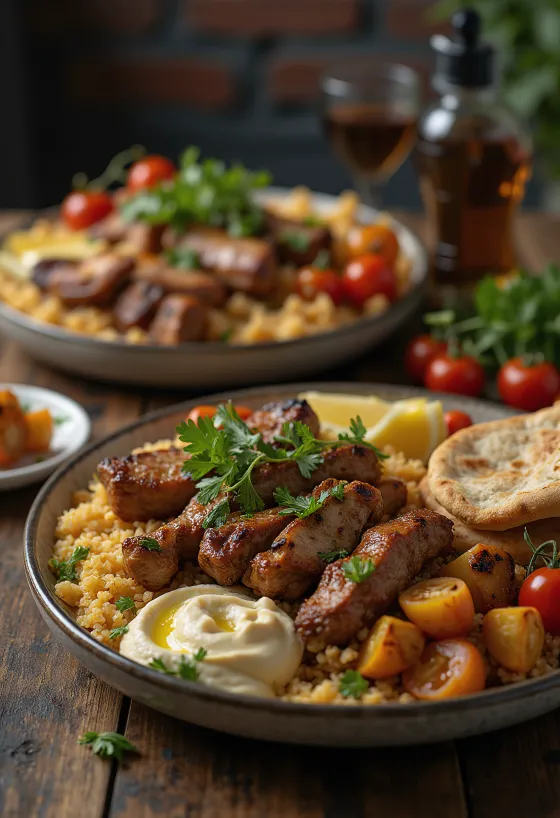 Fusion-Kebab mit gegrilltem Fleisch, Hummus und Joghurt-Sauce