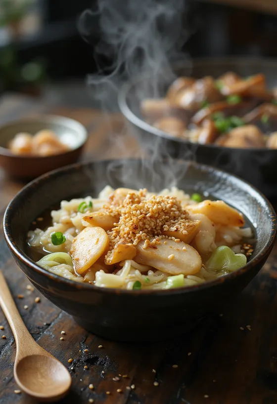 Kiritanpo Nabe mit Chinakohl, Hähnchenfleisch und Reisspießen serviert