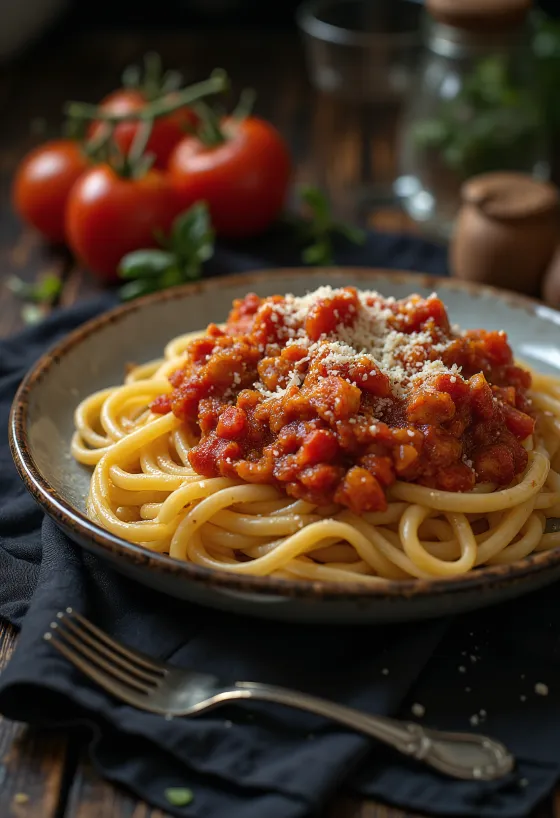 Tomatenpasta mit frischem Basilikum und geriebenem Parmesankäse