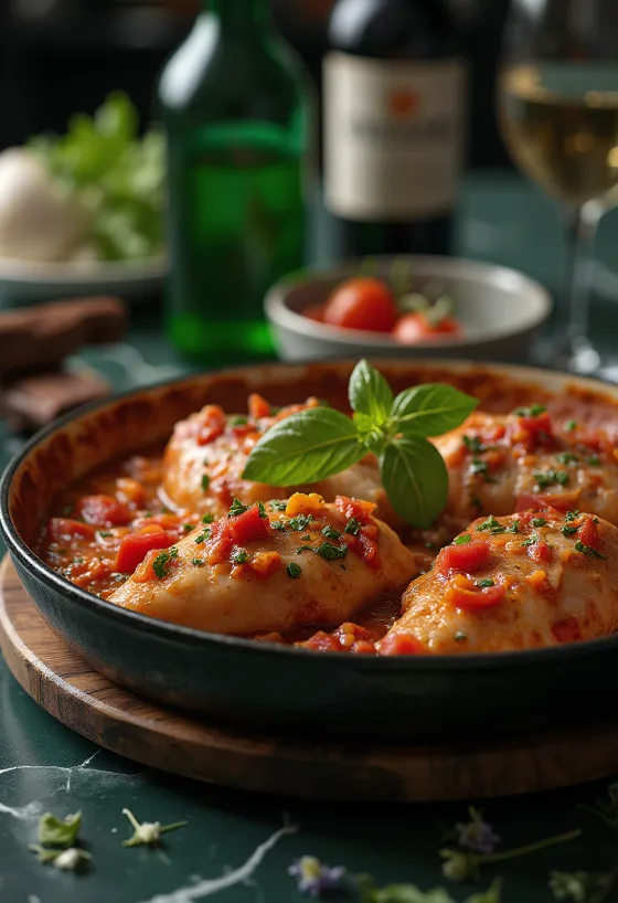 Pollo alla Cacciatora serviert mit frischem Brot