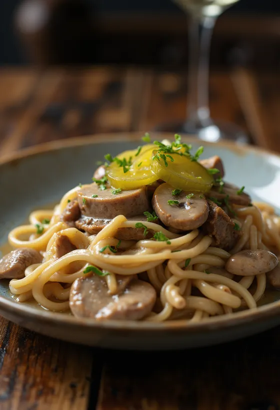 Boeuf Stroganoff mit cremiger Sauce serviert