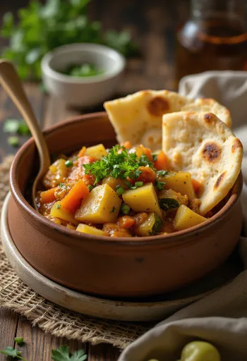 Thareed mit Gemüse, reichhaltige und würzige Suppe mit Gemüse und Hühnchen