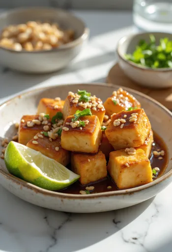 Servierte Tofu-Würfel mit gerösteten Erdnüssen