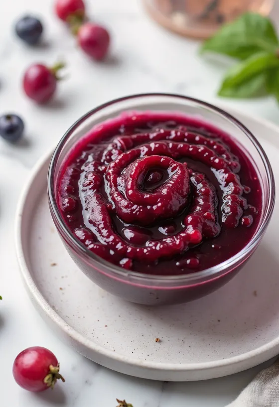 Rotwein-Hagebutten-Sauce in einer Schale, garniert mit frischem Rosmarin.