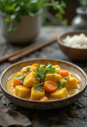 Cà Ri mit Tofu, Tofuwürfel, Gemüse und frischer Koriander