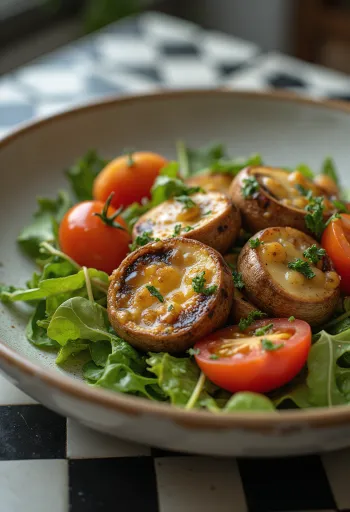 Salat mit gegrillten Pilzen und frischem Gemüse