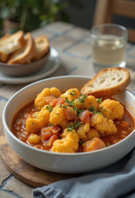Würziges Blumenkohl-Pörkölt in saftiger Tomatenbasis, mit frischer Petersilie bestreut.