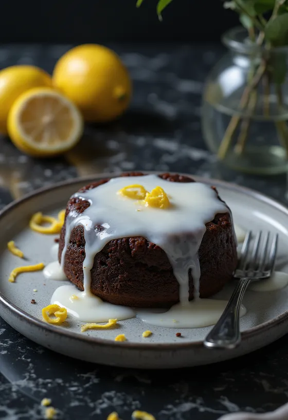Kladdkaka mit Zitronenguss, leckerer und appetitlicher Kuchen