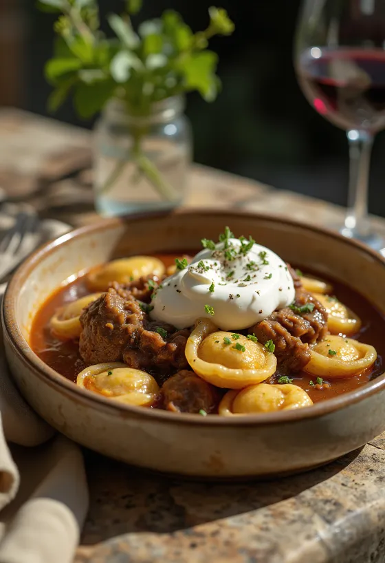 Rindergulasch mit Nockerln und Schmand serviert