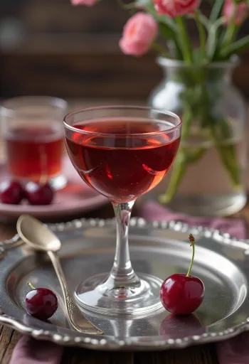 Sauerkirsch-Schnaps in Flasche serviert