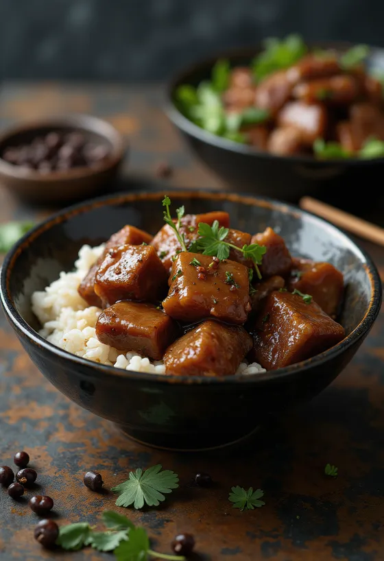Pork Adobo serviert mit gedämpftem Reis