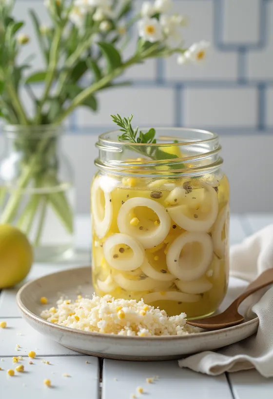 Lauch-Apfel-Pickles im Glas, dekoriert mit frischem Dill