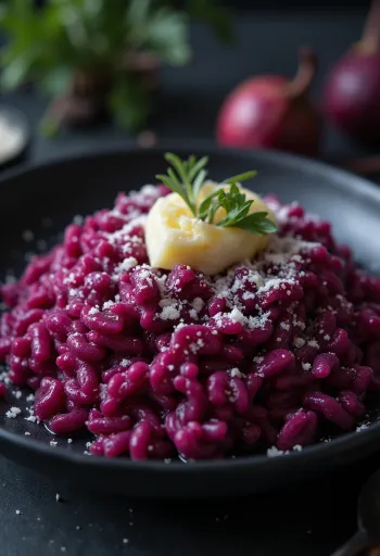 Leuchtend rotes Rote-Bete-Risotto auf einem Teller, mit Parmesan bestreut