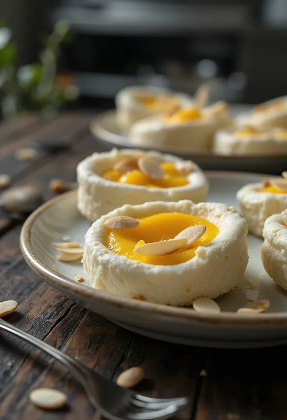 Kleine runde Quarkdesserts mit gelber Mangofüllung