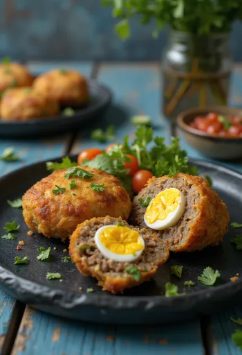 Scotch Eggs nach mexikanischer Art, serviert mit frischem Koriander