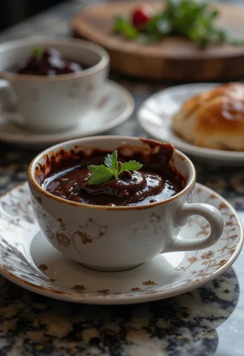 Rotwein-Schokoladen-Chili-Sauce in einer Schale, garniert mit Schokostückchen und Chili.