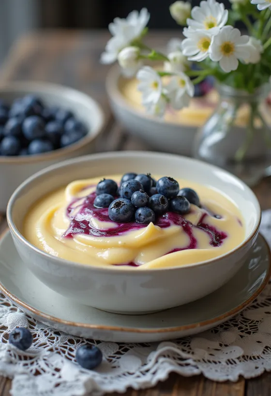 Servierte Vanillesauce mit Blaubeeren