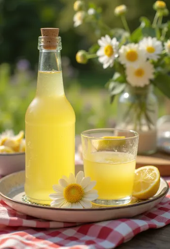 Holunderblütensirup mit frischen Holunderblüten und Zitronenscheiben