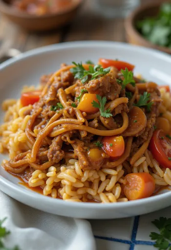 Carne Mechada serviert mit Arepas und Reis