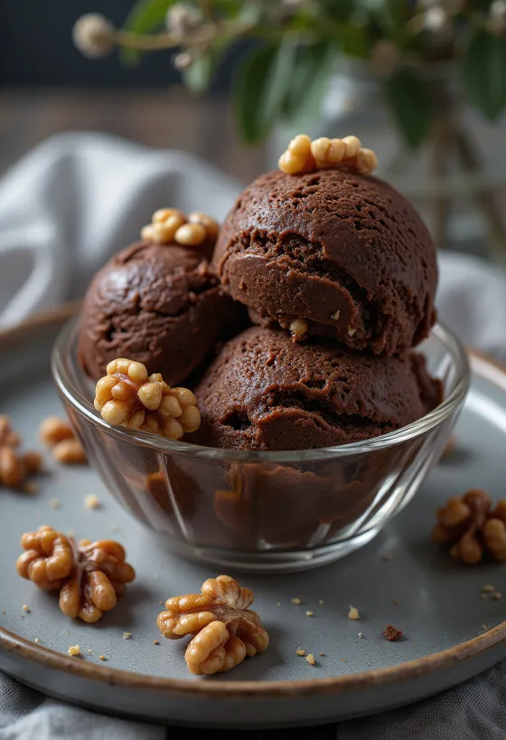 Serviertes Schoko-Walnuss-Eis mit Rum und gerösteten Nüssen