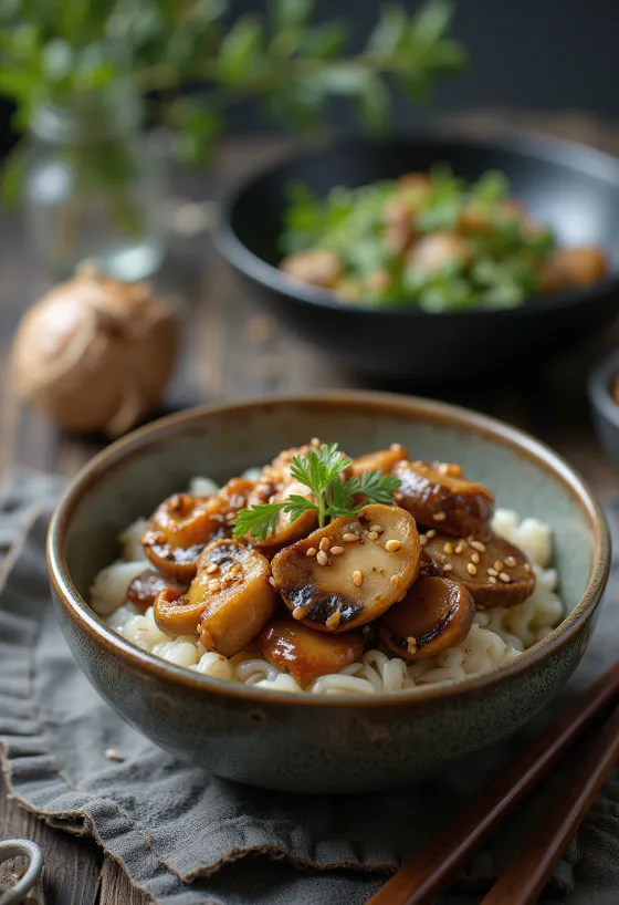Goma-ae mit Shiitake-Pilzen, serviert mit geröstetem Sesam