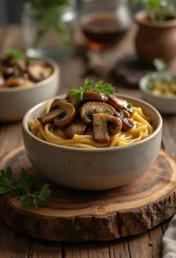 Balsamico-Pilzsauce serviert mit Pasta