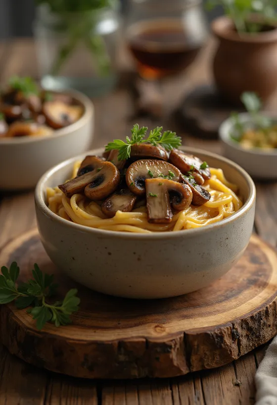 Balsamico-Pilzsauce serviert mit Pasta