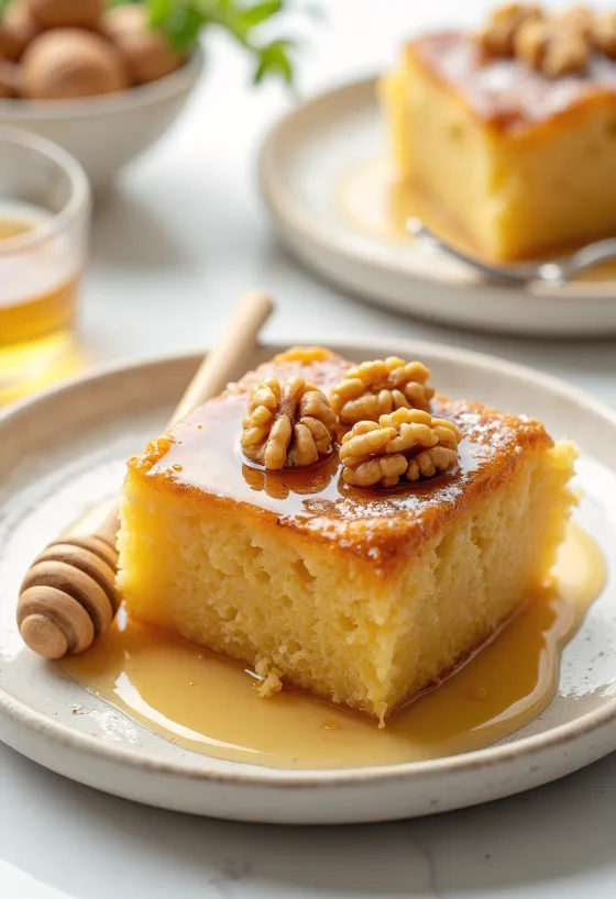 Griechische Honig-Nuss-Torte mit Walnusskernen und Honigglasur