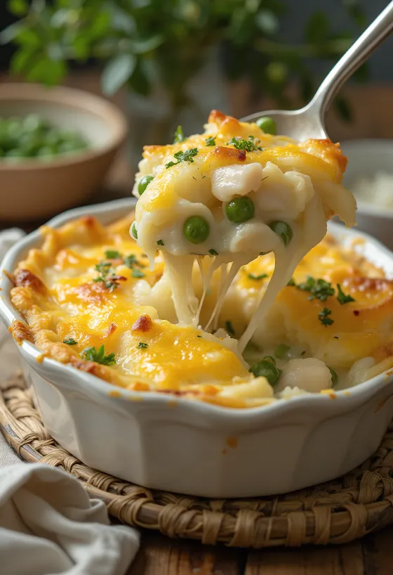 Klassischer Fish Pie mit Fischfüllung, Kartoffelpüree und Karotten, goldbraun gebacken