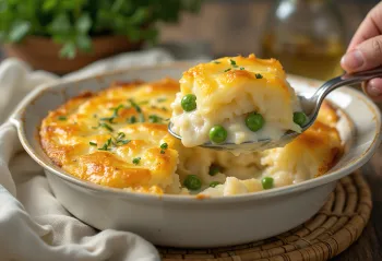 Klassischer Fish Pie mit Fischfüllung, Kartoffelpüree und Karotten, goldbraun gebacken